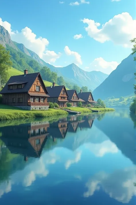 Lake with houses reflected in the river