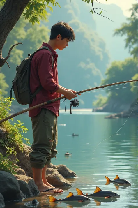 a young man fishing for fish, the man was wearing a maroon shirt, torn trousers, and flip-flops