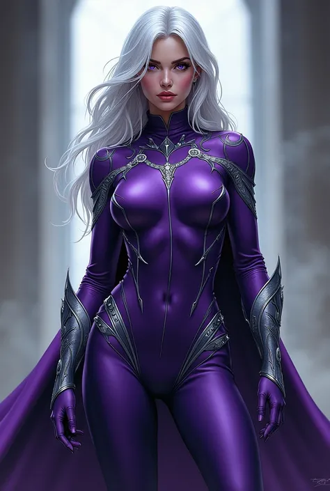 create the image of a female comic book character, her name is katniss price, her hair color is silver violet eyes, she is a vigilante and queen of a distant kingdom, create her uniform yourself