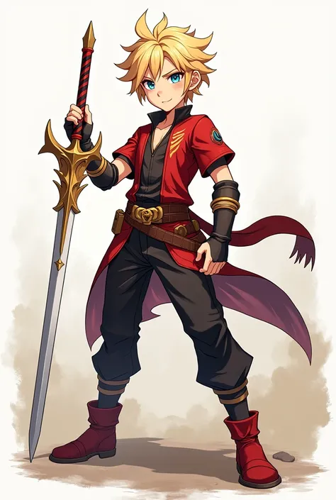 creates an image of a boy with raised, blond hair, blue eyes in anime style and with a light sword in the style of genshin impact, that he is tall and strong but not too much so that his clothes and weapon are red and black 

