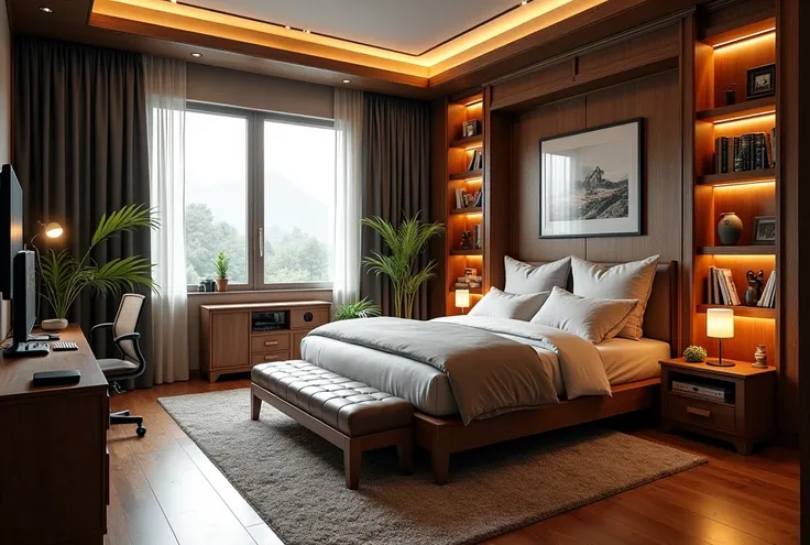 a well-designed masculine bedroom, intricate wooden bed, bookshelves filled with books, vintage radio, flat screen TV, gaming console, large window, high-end gaming computer setup, wardrobe, plush rug, detailed decor, warm lighting, cozy atmosphere