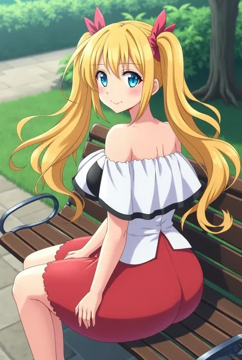 Anime girl with yellow hair tied on both sides and the whores rolled up with a white dress on top and red below and you can see the black bra below with very large breasts and butt she is a girl and is sitting on a bench in a park 