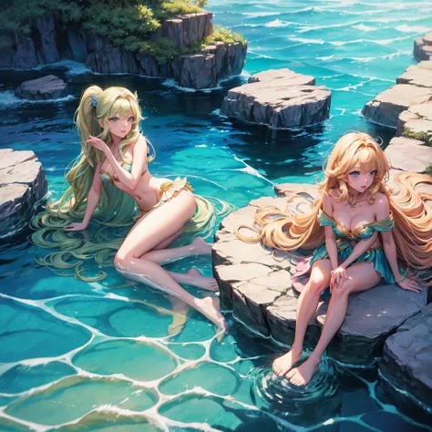 taylor swift as a young mermaid, 25-30, pink shell bra with green mermaid tail, long wavy golden blonde hair, sitting on an open clamshell, deep ocean background, in high detail 2.5d anime style, blue eyes, barbie, margot robbie, amber heard, sydney sweene...