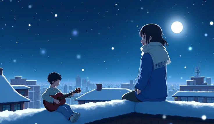 Create an image with snow on the roof and a night sky with stars overlooking the city and the full moon in anime style and a girl sitting on the roof in blue clothes and a white scarf with her back turned and a boy in a corner playing a guitar looking at t...