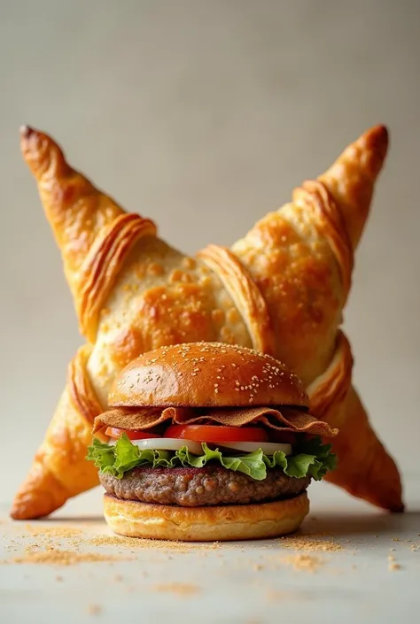 A hamburger with two rectangular pastries crossed behind with the name below artisanal burguer and pasty written in Portuguese