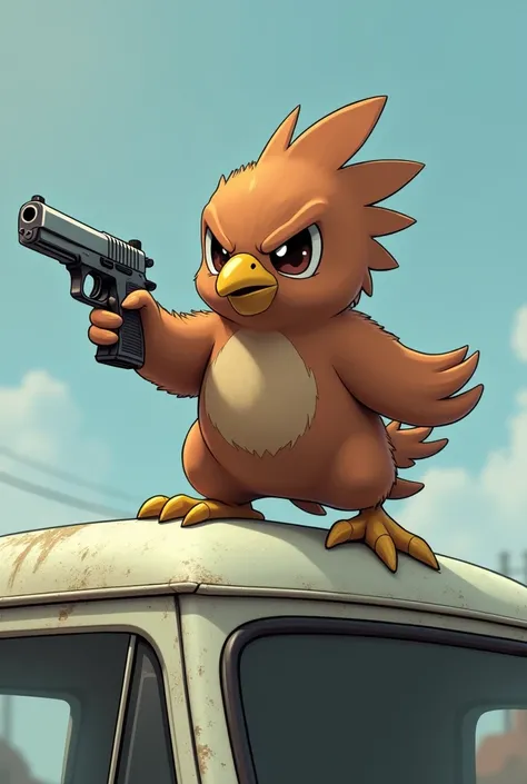 Pidgey Pokemon on top of a van with a gun in its hand 
