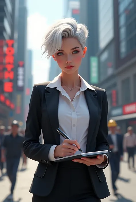 Make a girl with short white hair reporter 