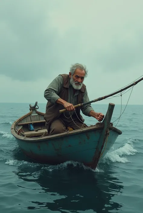 An old fisherman in his medium-sized boat begins to pull his fishing rod with great tiredness because a fish has caught the hook 