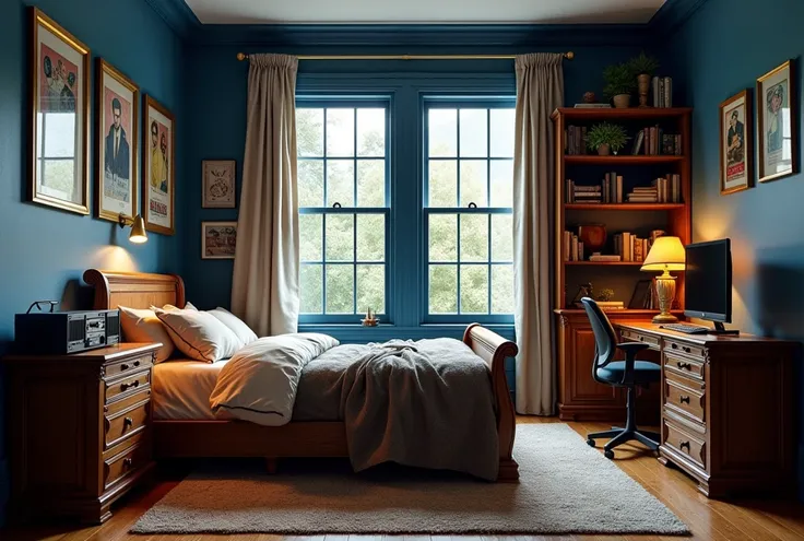 a well-designed masculine bedroom, blue walls, posters in wall, intricate wooden bed, bookshelves filled with books, vintage radio, flat screen TV, gaming console, large window, high-end gaming computer setup, wardrobe, plush rug, detailed decor, warm ligh...