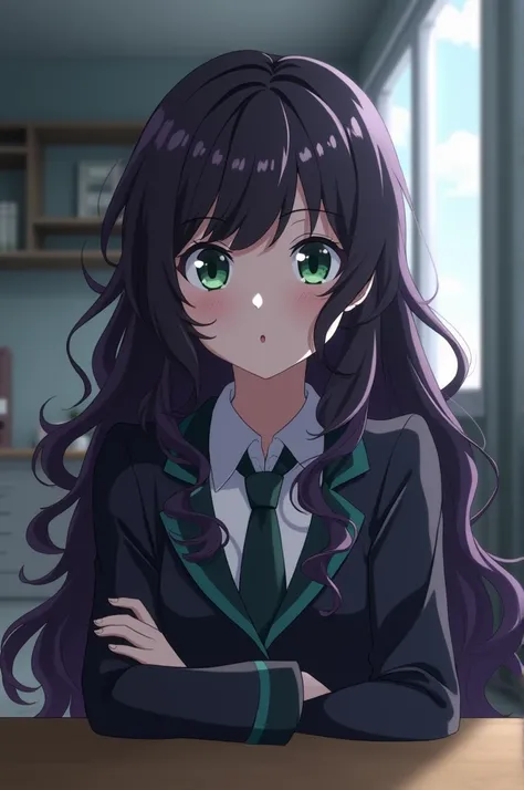 My hero Academia screenshot purple and black wavy hair girl, He has green eyes and a calm expression. She is wearing the UA uniform and is sitting at a UA table.