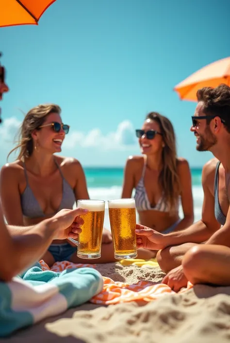 Photo with friends, beach and beer
