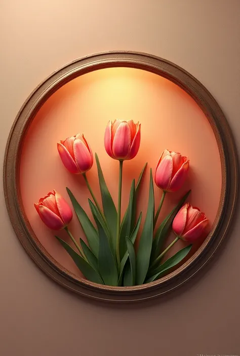 Create a circular logo. With Corinthian colored background. With tulips in the background 
