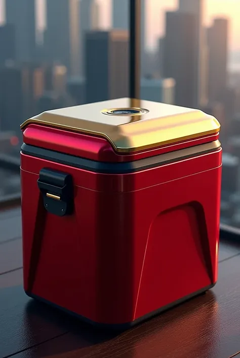 An image of a 22-liter cooler box with a rectangular shape, designed in colors inspired by Iron Man’s armor. The main body of the cooler box is a metallic red, similar to the vibrant red of Iron Man’s suit. The lid is a metallic gold, reflecting the shiny ...