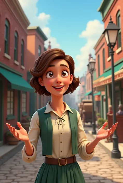 Animated woman explaining a topic on a 19th century street, make it simpler, talking to the screen


