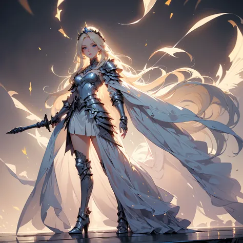 (((masterpiece, best quality, high detailed, 16k))) (1girl) A majestically regal young woman with long, flowing platinum blonde hair and piercing blue eyes. She wears a pristine white and gold armor with a towering crown, holding a large, ornate sword. Her...