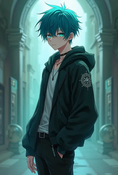 A paranormal order rpg character half anime and half human: one  men ,gay ,hair blue, Green Eye, black leagwear ,eyebrow piercing 