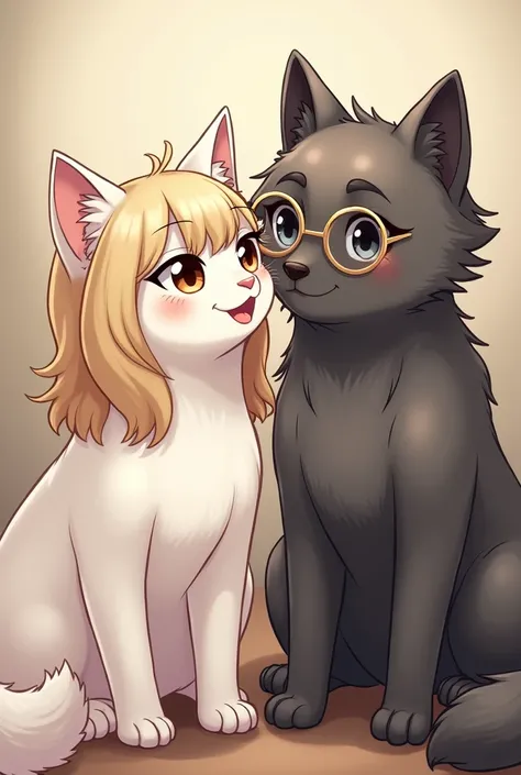 White cat with medium wavy blonde hair, Brown eyes, smile, Furry sensual, long eyelashes, big tits next to a gray wolf with medium brown hair, with round lenses, Beautiful, with a black shirt smiling, being friends