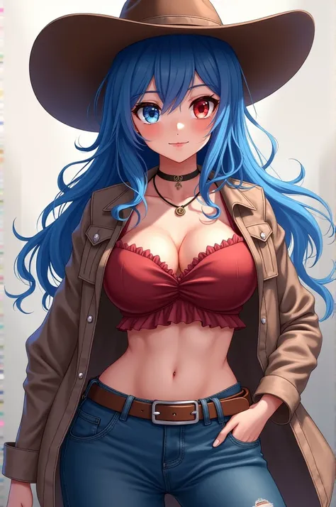 woman in a cowgirl outfit with blue hair and big breasts, anime woman fullbody art, female cowgirl, busty, oppai proportions, big breasts, smooth anime cg art, big bust, anime woman, full art, heterochromia, right eye red, left eye blue