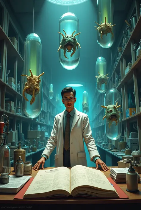 scientist Dr.. Alvarez was in the laboratory and in that laboratory there were capsules with strange creatures floating in water and a table with too much information and there was a folder that said "portal experiment"