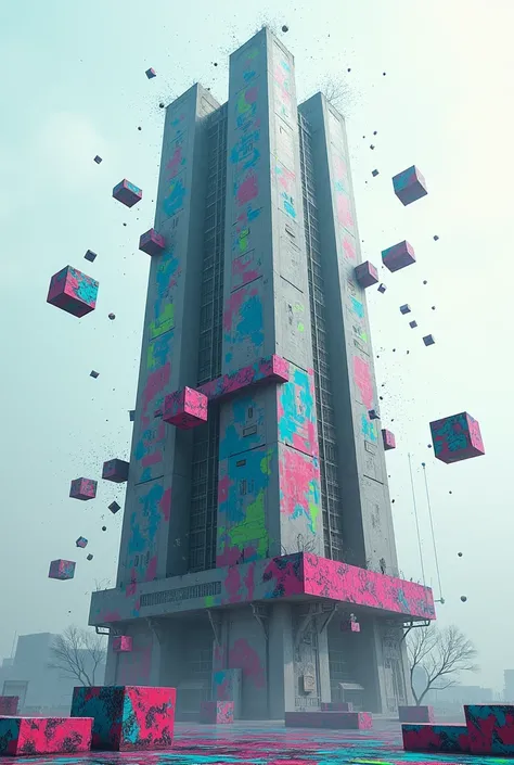 Visualize a gray and austere skyscraper in a futuristic environment, adorned with constantly moving floating graffiti. the mural, suspended in the air, It continually changes shape with vibrant colors like electric blue, hot pink and neon green. The shapes...