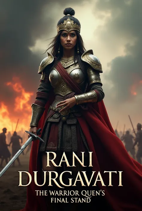 "Rani Durgavati in battle armor, holding a sword with a fierce expression. A battle scene faintly visible in the background, with bold text: Rani Durgavati: The Warrior Queens Final Stand. The background has dark clouds and a burning battlefield to emphasi...