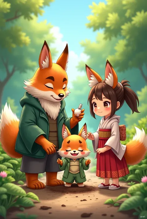 A hot anime style furry planting onions with his beautiful daughter and her serious anime style husband