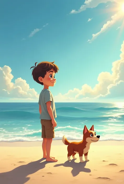 A boy with a dog standing at the beach view

