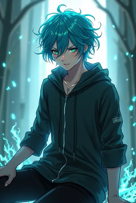 A half-anime, half-human paranormal RPG character: one  men ,gay ,hair blue, Green Eye, black leagwear ,eyebrow piercing 