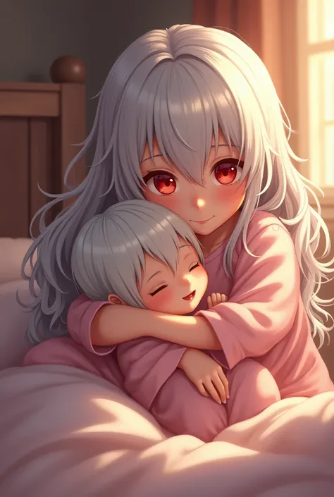 Cute, big sister with silver hair and red eyes, cuddling her baby brother in the bed who has silver hair and red eyes too.