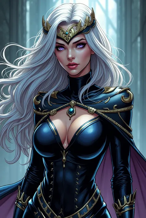 create the image of a female character in the form of a DC Comics comic book, Her hair color is silver and extremely long, violet eyes, she is a vigilante and queen of a distant kingdom, her uniform is sexy but discreet, she wears a small crown on her fore...