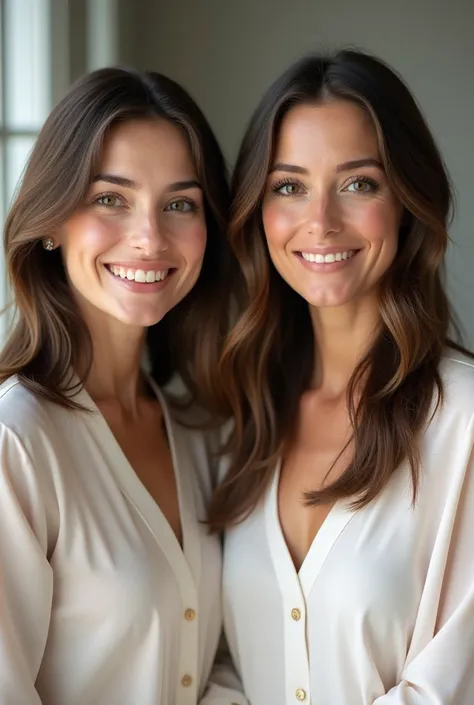 Create a professional photo of a 2 woman, medium brown hair, clear skin