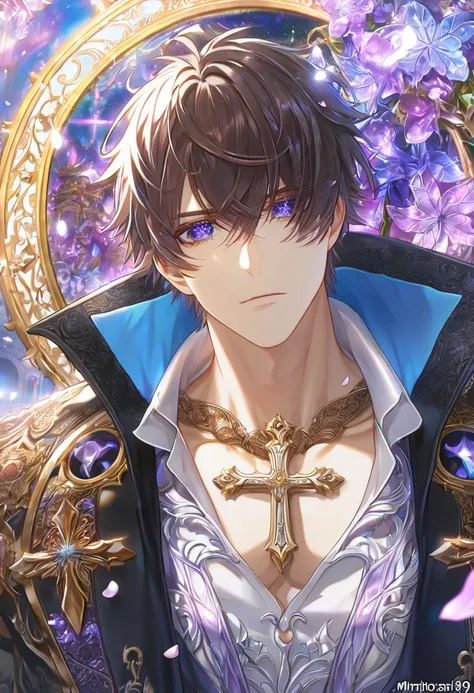 absurdres, highres, ultra detailed, HDR, master piece, best quality, extremely detailed, detailed eyes, detailed face, Muroboshi Ron, dark brown hair, black sunglasses, Norn9, solo, sexy man, handsome, sensual, adult face, mature man, black coat, white shi...