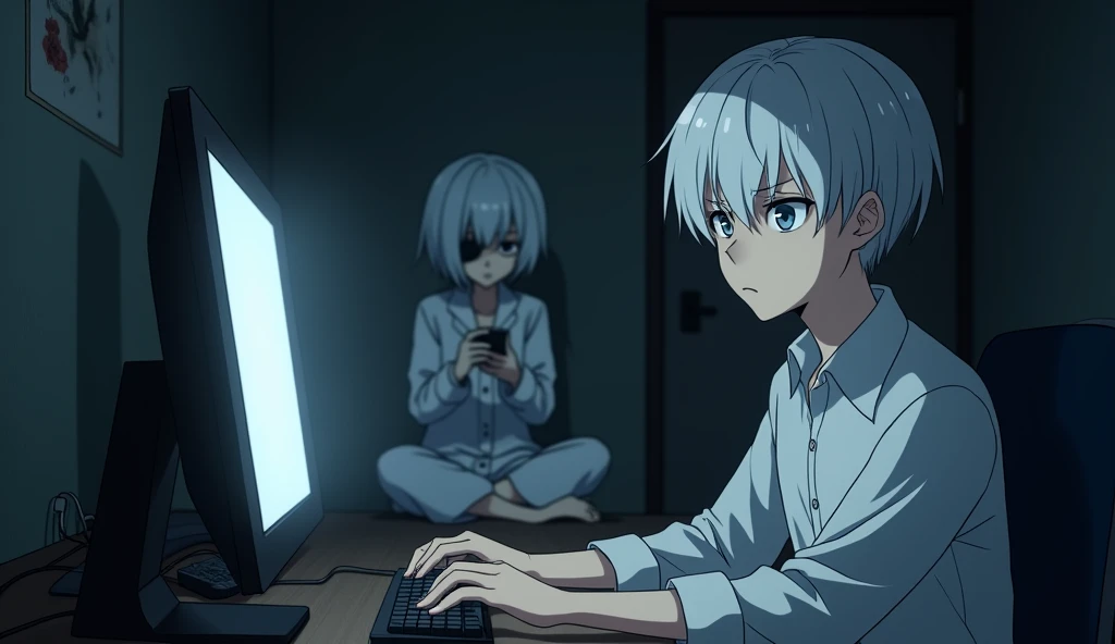 create a anime guy with white hair and grey eyes he has a tired look, he wears a white shirt and black pants, make him editing things on a computer. While a girl with white hair and a eyepatch sits in the background with pajamas on while she looks at her p...