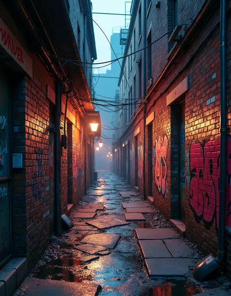 "Create a hyper-realistic 8K cinematic scene of an urban environment. The scene features a dirty alley with exposed brick walls., covered in vibrant graffiti art. The walls are damp, with visible signs of moisture seeping through the cracks. The terrain is...