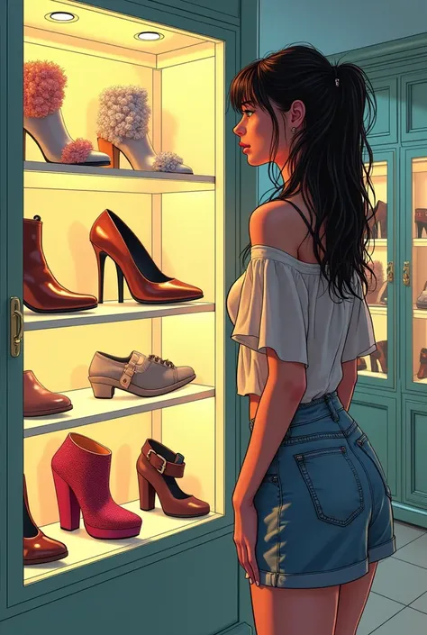 Create an image of a 20-year-old woman,impulsive consumer seeing an ad for shoes with a shelf of shoes identical to the ones in the ad next to her, manga lines a little with lines