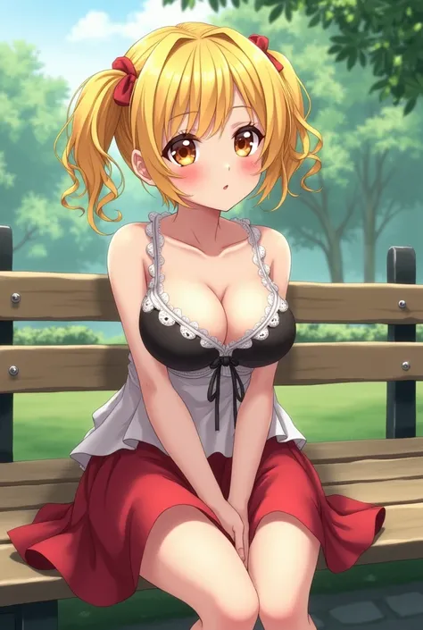 Anime girl with yellow hair tied on both sides and the whores rolled up with a white dress on top and red below and you can see the black bra below with very large breasts too big and butt she is a girl and is sitting on a bench in a park with a tender app...