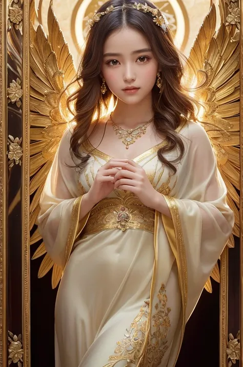 A masterpiece depiction of an angel from the thighs up, with an emphasis on the detailed and flawless rendering of the face. The angel has ethereal wings that shimmer with a soft golden glow, and its serene face is framed by cascading hair adorned with int...