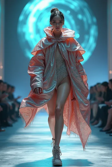 Create me a look of oversized clothing worn by a model during a fashion show inspired by the space and fantasy theme