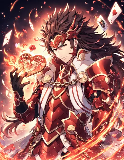 absurdres, highres, ultra detailed, HDR, master piece, Ryoma, dark brown hair, long hair, expressive brown eyes, Fire Emblem Fates, red armor, black gloves, sexy man, handsome, best quality, red blossoms, red petals, red flowers, fantasy, magical, red shin...