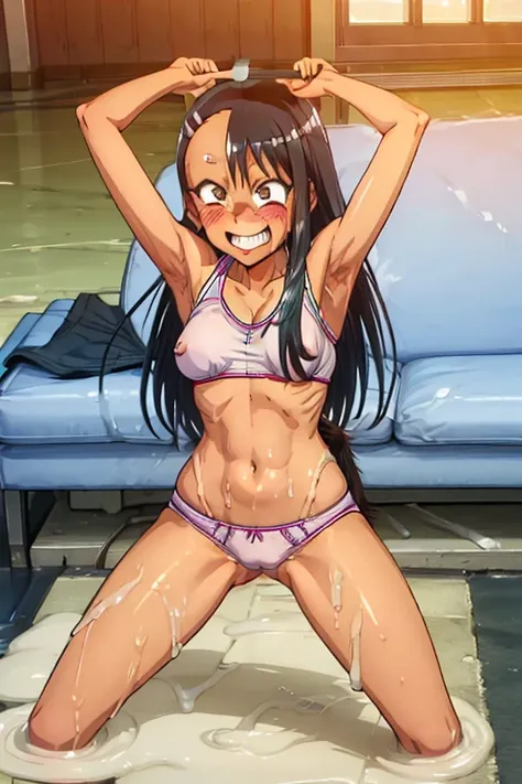 Nagatoro in tight panties showing her vagina , wet by water,with a laughing face, open legs, The tail squeezes her vagina