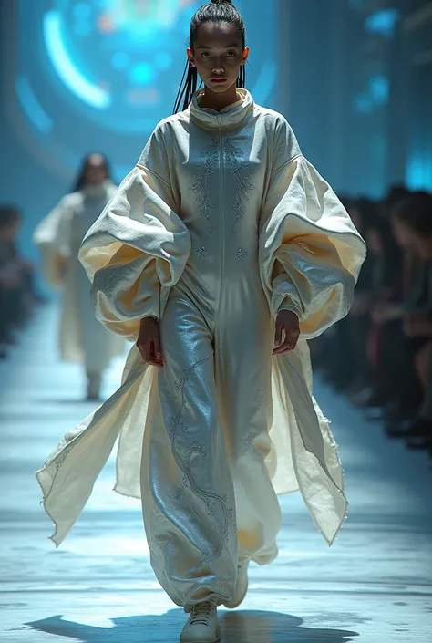 Create me a look of oversized clothing worn by a model during a fashion show inspired by the space and fantasy theme