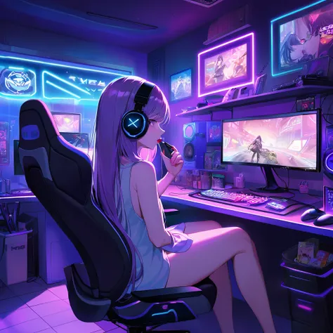 A naked female streamer with long hair, wearing casual gamer attire, is sitting in a high-tech gaming room. The room is illuminated by RGB LED lights with a mix of neon blue and purple hues, showcasing multiple monitors displaying games. She has a sleek ga...