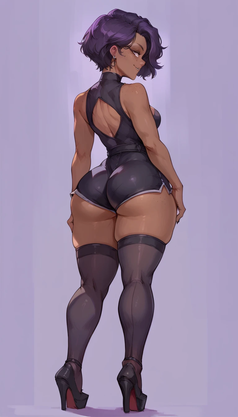 (solo) female , black short hair, woman, attractive, goth, black sleeveless jumpsuit , black tight shorts, black thigh highs thicc, freckles, freckles on face, smug eyes, (happy expression), she is standing look to the viewer , violet background, simple ba...