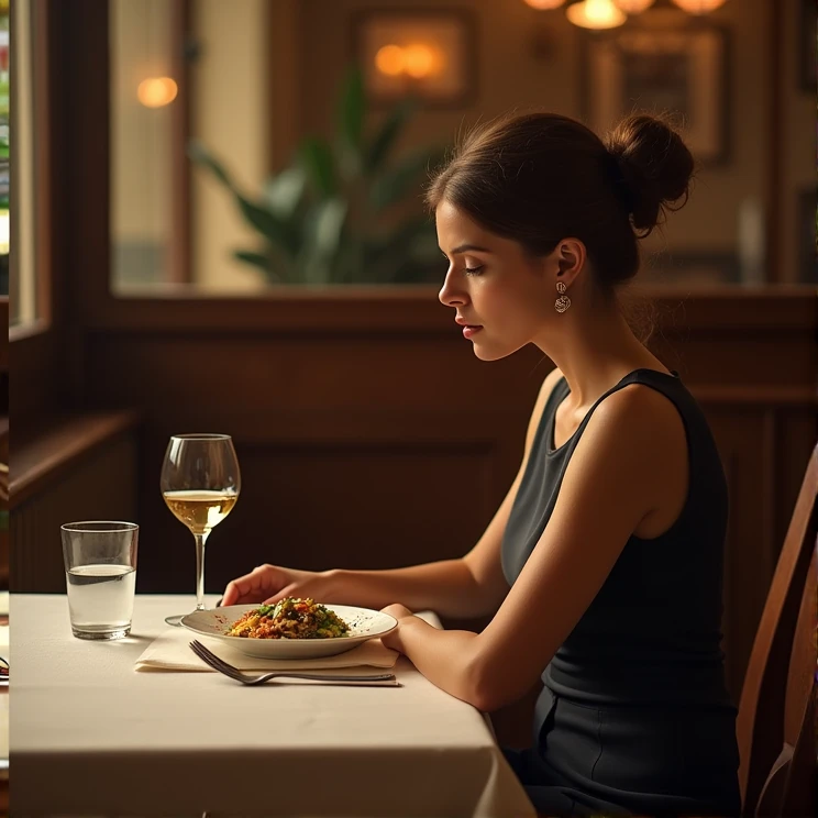 a woman dining at a table with the front seat empty 