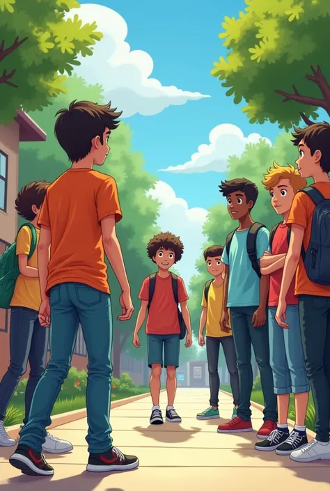 In the same school yard, A group of teenagers are bothering Thomas. miguel, a boy with short hair and a determined attitude, approaches the group. She wears a bright t-shirt and jeans. miguel está hablando sobre una competencia de trivia con entusiasmo. Th...