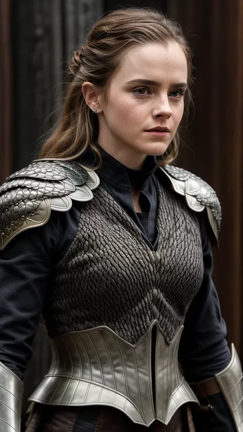 closeup photo of ewt woman, wearing dragon scale armor