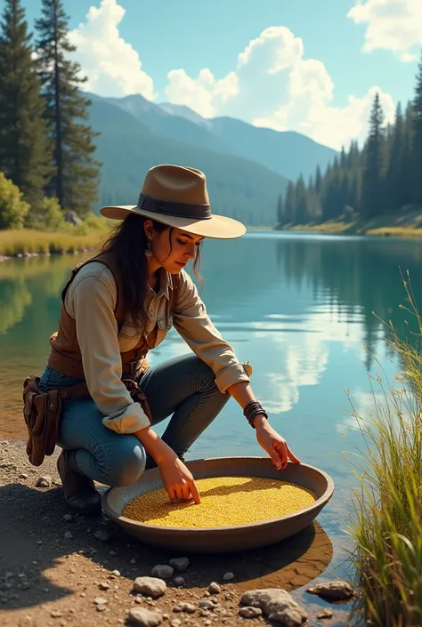 a woman on the edge of the lake panning for gold