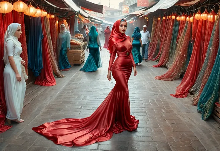 a woman shrouded in 9 meters of red silk shimmer, tight wrapped from the waist to the thighs and mermaid shape on the bottom of ...