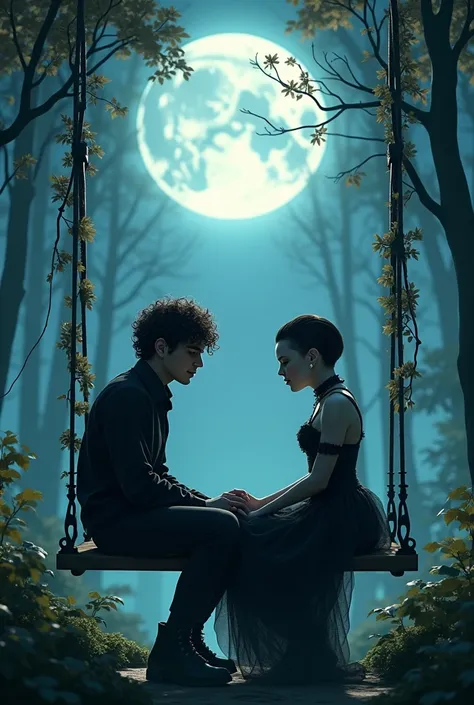 a dark witch with pale skin, shaved black pixie cut, amber eyes, small eyes and mouth, crazy smile, ear piercings, her boyfriend with curly long brown hair, holding her boyfriends hand, wearing a witch costume, night in luminous forest with enormous moon i...