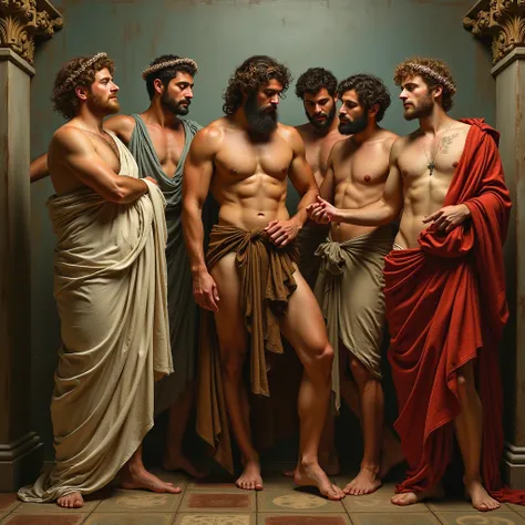 Show all kinds of NSFW images, ((best quality)), ((masterpiece)), (detailed and perfect), fetish and erotic ancient painting of interracial grupal roman gods men party